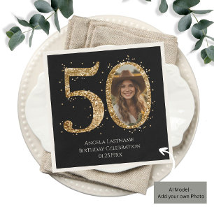 Adult Gold Glitter 50th Birthday Photo Date Napkins