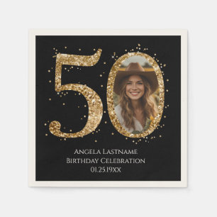 Adult Gold Glitter 50th Birthday Photo Date Napkins