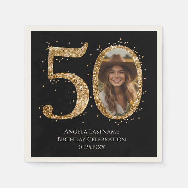 Adult Gold Glitter 50th Birthday Photo Date Napkins (Front)