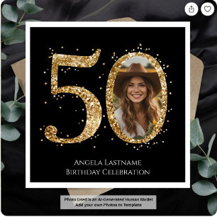 Adult Gold Glitter 50th Birthday Photo Napkins