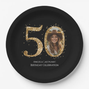 Adult Gold Glitter 50th Birthday Photo Paper Plates