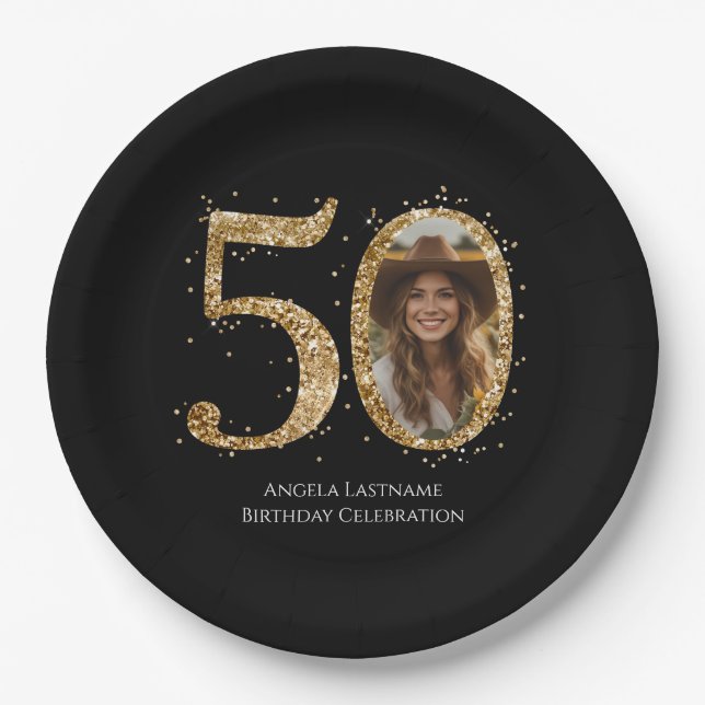 Adult Gold Glitter 50th Birthday Photo Paper Plates (Front)