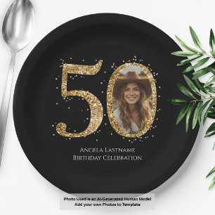Adult Gold Glitter 50th Birthday Photo Paper Plates