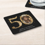 Adult Gold Glitter 50th Birthday Photo Square Paper Coaster<br><div class="desc">50th Birthday Gold Glitter Photo party template. Available as a digital download printable.
Custom,  personalized,  editable download</div>