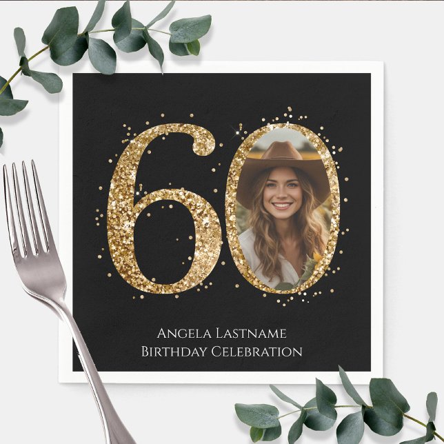 Adult Gold Glitter 60th Birthday Photo Napkins (Creator Uploaded)