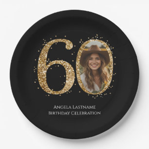 Adult Gold Glitter 60th Birthday Photo Paper Plates
