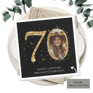 Adult Gold Glitter 70th Birthday Photo Napkins