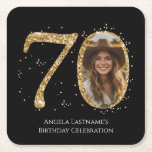 Adult Gold Glitter 70th Birthday Photo Square Paper Coaster<br><div class="desc">70th Birthday Gold Glitter Photo party template. Available as a digital download printable.
Custom,  personalized,  editable download</div>