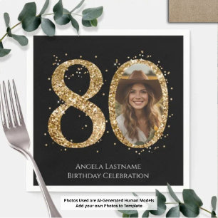Adult Gold Glitter 80th Birthday Photo Napkins