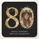 Adult Gold Glitter 80th Birthday Photo Square Paper Coaster<br><div class="desc">80th Birthday Gold Glitter Photo party template. Available as a digital download printable.
Custom,  personalized,  editable download</div>