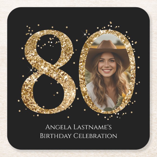 Adult Gold Glitter 80th Birthday Photo Square Paper Coaster (Front)