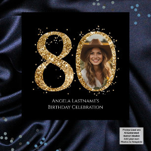 Adult Gold Glitter 80th Birthday Photo Square Paper Coaster