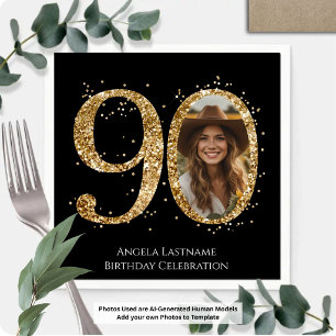 Adult Gold Glitter 90th Birthday Photo Napkins