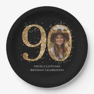 Adult Gold Glitter 90th Birthday Photo Paper Plates