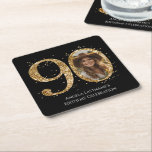 Adult Gold Glitter 90th Birthday Photo Square Paper Coaster<br><div class="desc">90th Birthday Gold Glitter Photo party template. Available as a digital download printable.
Custom,  personalized,  editable download</div>