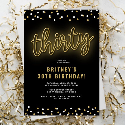 Adult Gold Neon 30th Birthday Party Invitation