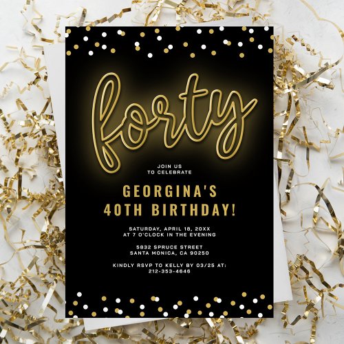 Adult Gold Neon 40th Birthday Party Invitation