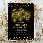 Adult Gold Neon 50th Birthday Party Invitation<br><div class="desc">Modern 50th party invitation template featuring a classic black background,  a scattering of confetti,  a gold neon sign that reads ‘fifty’,  and a simple celebration template that is easy to personalize.</div>