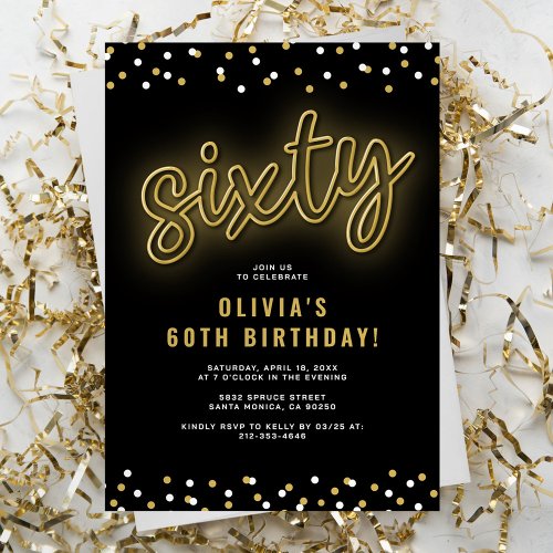 Adult Gold Neon 60th Birthday Party Invitation