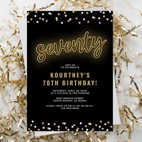 Adult Gold Neon 70th Birthday Party Invitation