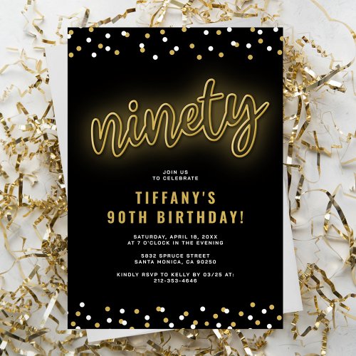Adult Gold Neon 90th Birthday Party Invitation