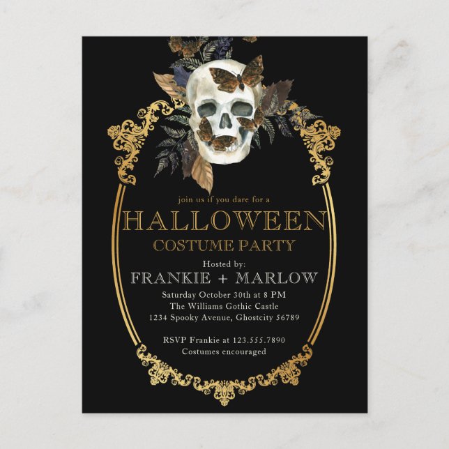 Adult Gothic Skull Vintage Halloween Invitation Postcard (Front)