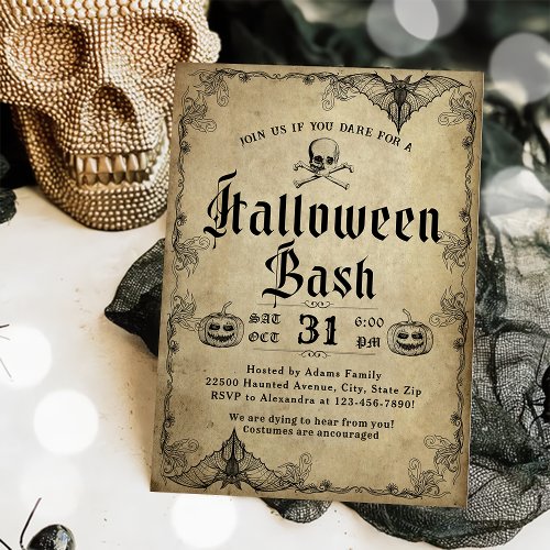 Adult Halloween Bash Vintage Gothic Skull Invitation