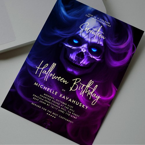 Adult Halloween Birthday Party Lady Skull Modern Invitation