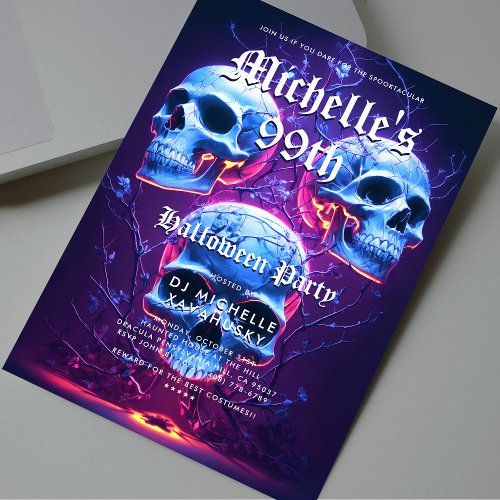 Adult Halloween Birthday Party Neon Skull Modern Invitation