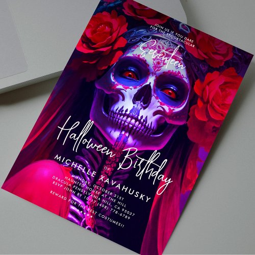 Adult Halloween Birthday Red Lady Skull Modern Invitation