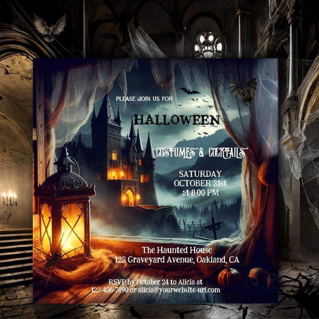 Adult Halloween Costume Castle Cocktail Party Invitation (Adult Halloween costume and cocktail invitation featuring a night scene with lantern and dark castle)