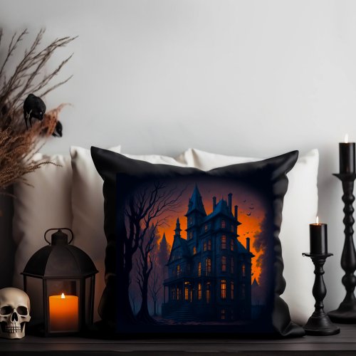 Adult Halloween Haunted Mansion House Throw Pillow