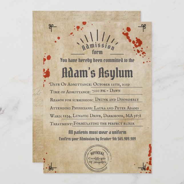 Adult Halloween Lunatic Asylum Spooky Gothic Party Invitation (Front/Back)