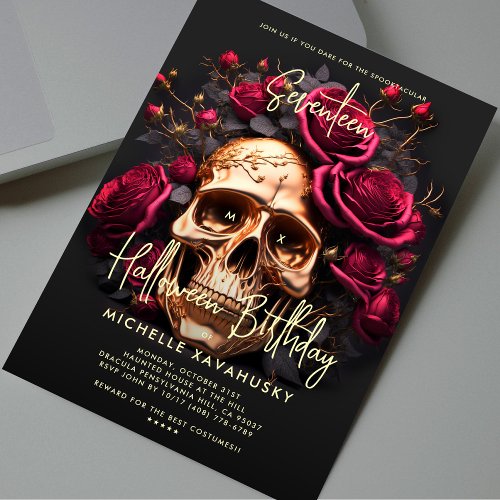 Adult Halloween Party Black Gold Skull Red Roses Invitation