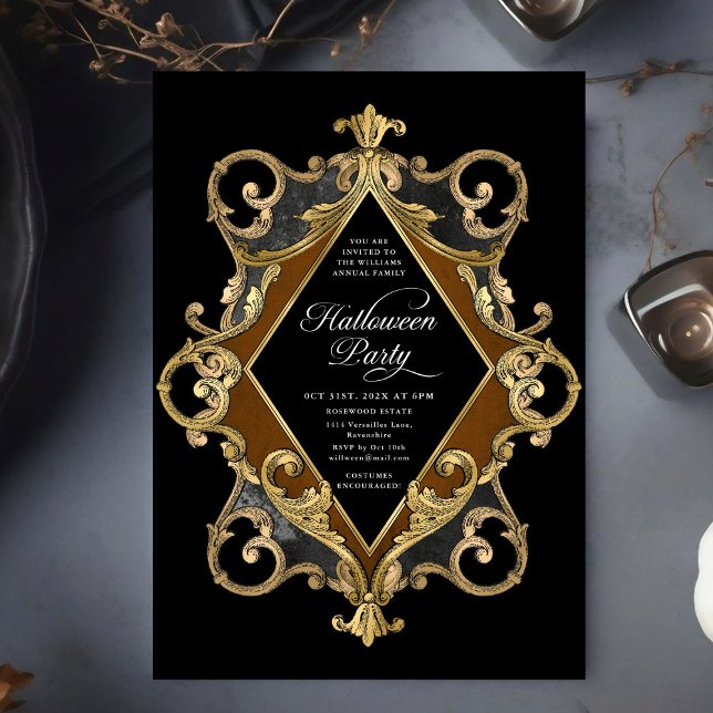 Adult Halloween Party Gold Ornate Vintage Invitation (Creator Uploaded)