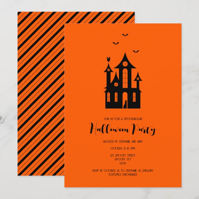 Adult Halloween Party Haunted House Black Orange Invitation (Front/Back)