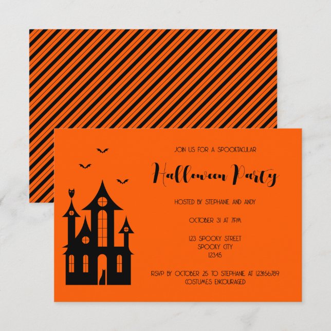 Adult Halloween Party Haunted House Black Orange  Invitation (Front/Back)