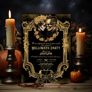 Adult Halloween Party Skull Lovers Gothic Gold Invitation