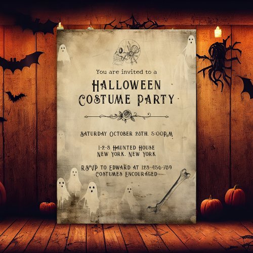 Adult Halloween Party Vintage Ghost Skull Spider Invitation