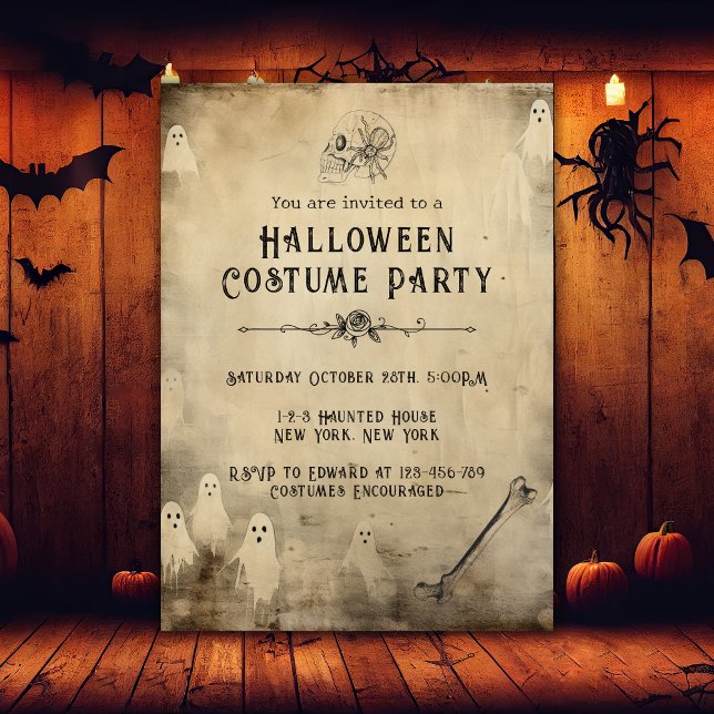 Adult Halloween Party Vintage Ghost Skull Spider Invitation (adult halloween party, spooky ghost, skull, skeleton, anatomy)