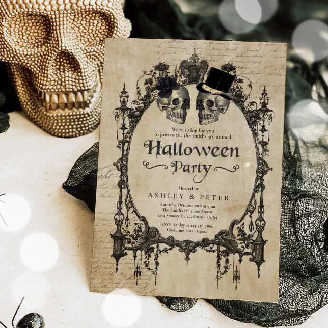 Adult Halloween Party Vintage Gothic Skull Invitation | Zazzle
