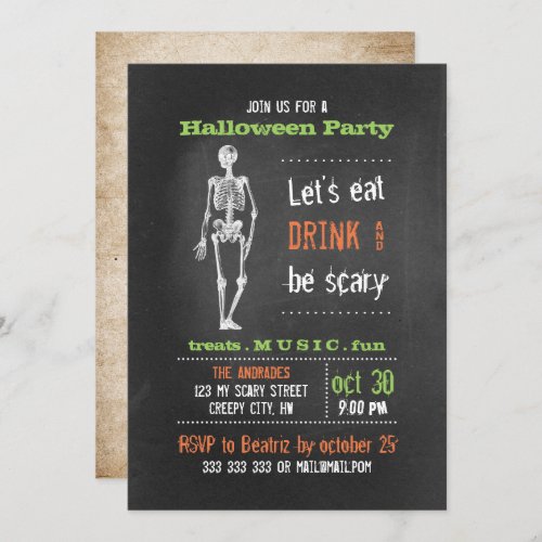 Adult Halloween Party Vintage Skeleton Chalkboard Invitation