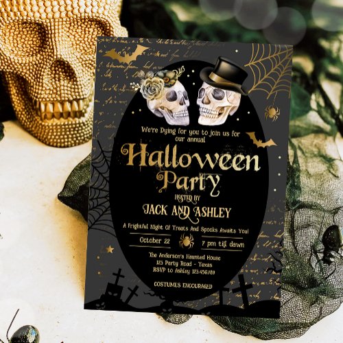 Adult Halloween Party Vintage Skulls Gothic Gold Invitation