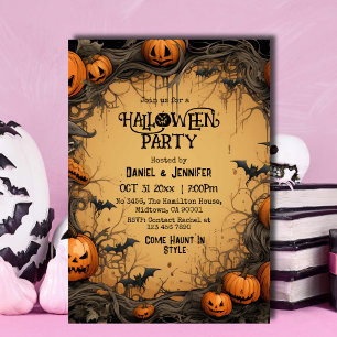 Adult Halloween party vintage spooky pumpkin bat Invitation