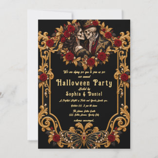 Adult Halloween Skull Lovers Gothic Gold Party  Invitation