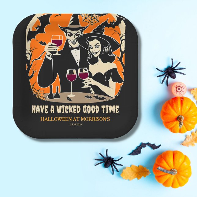 Adult Halloween wicked good time party tableware Paper Plates (Adult Halloween wicked good time tableware personalized party plates black with and Dracula toasting)