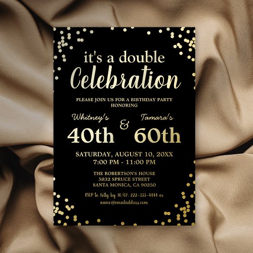 Adult Joint Birthday Party  Black Real Gold Foil Invitation