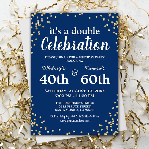 Adult Joint Birthday Party  Blue Gold Glitter Invitation