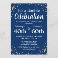 Adult Joint Birthday Party | Blue Gold Glitter Invitation