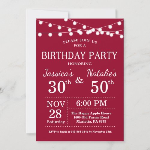 Adult Joint Birthday Party Invitation Burgundy Red